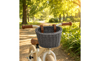 Rattan-Style Front Bike Basket Handlebar-Mount Woven Bike Basket Adjustable Strap-on for Children, Toddlers, Balance Bikes