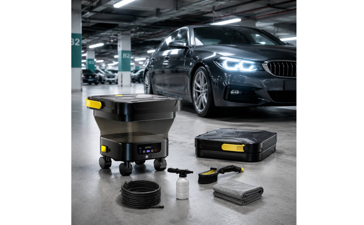 Wheeled Portable Car Washer with Wheels IPX5 Waterproof Car Wash Machine with Water Tank Compact Pressure Washer with Tank Mini for Driveway