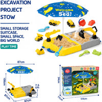 Kids Waterfall Play Table with Umbrella and Sand Basin, Indoor Outdoor Toy