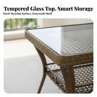 Square Woven End Table with Glass Top Minimalist Design Outdoor Furniture Space-Saving Easy to Clean for Adults, Balcony, Garden