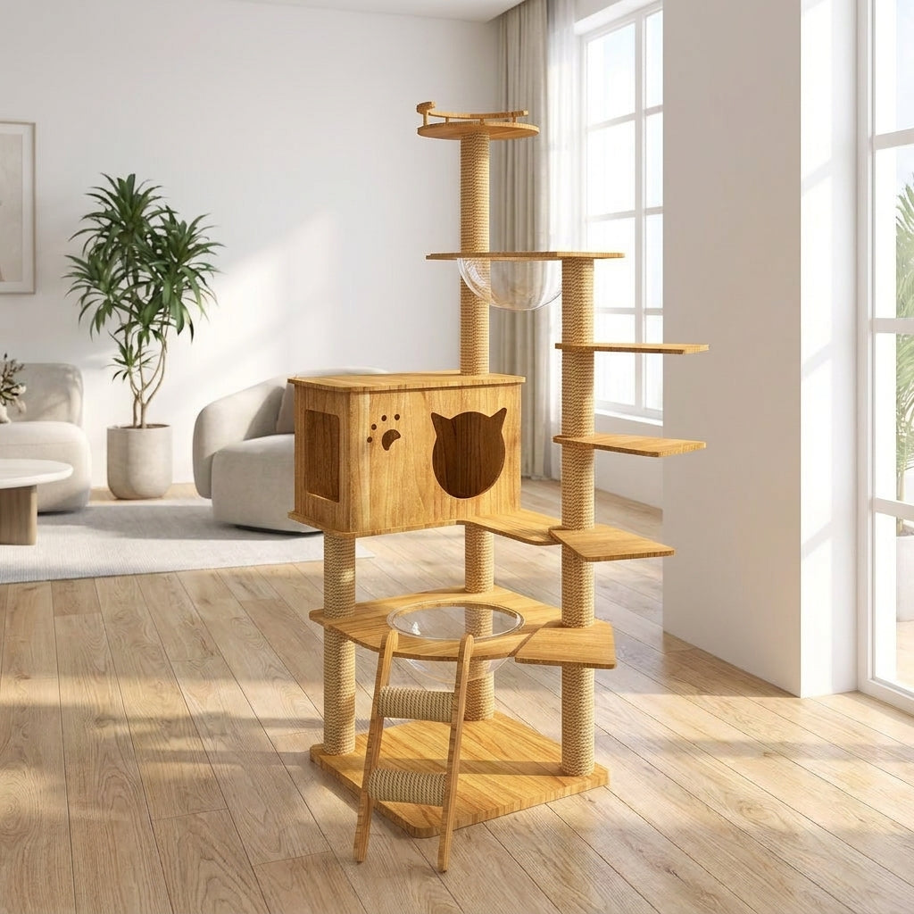 Cat Climbing Frame Activity Center with Round Base, Wood Grain Density Board Playground and Perch, Indoor Paradise for Large Cats with Hammock