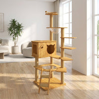 Cat Climbing Frame Activity Center with Round Base, Wood Grain Density Board Playground and Perch, Indoor Paradise for Large Cats with Hammock