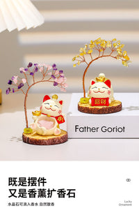 Lucky Cat Natural Crystal Money Tree Figurine, Cute Cat Desk Decor for Home and Office