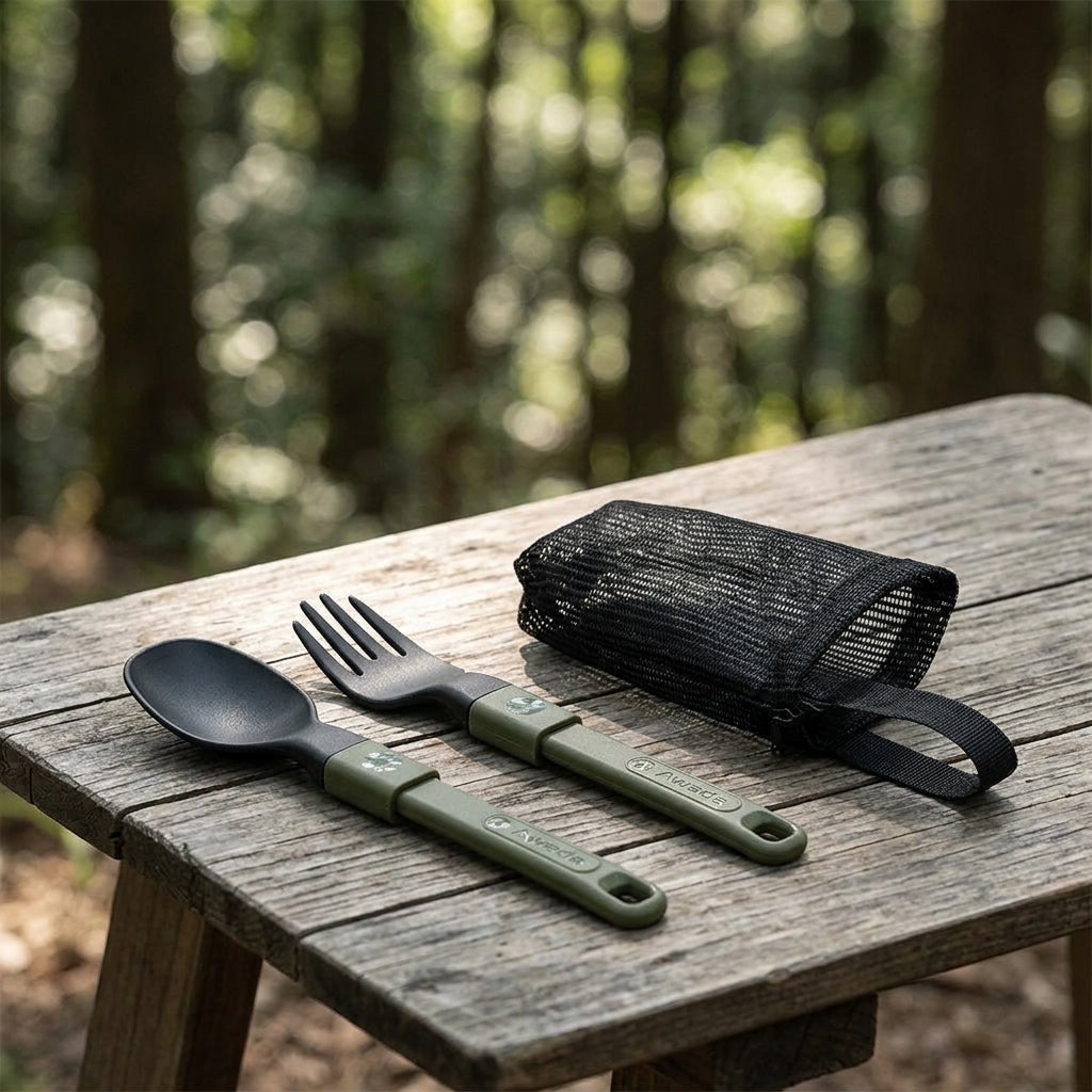 Spoon Fork Set Portable Outdoor Camping Foldable With Storage Bag 5-Piece Set
