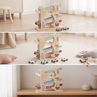 Pastel Wooden Car Ramp with Cars Tabletop Sliding Track Toy with Cars Educational Car Ramp Toy Compact for Toddlers, Preschoolers, Kids, Playroom, Nursery, Preschool