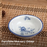 Navy & Cream Porcelain Bowl Plate Set, Retro Chinese Ceramic Tableware, Sturdy