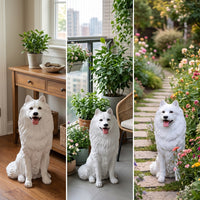 Resin Samoyed Dog Figurine Seated Resin Dog Figurine Adorable Samoyed Sculpture for Entryway