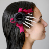 Halloween Skeleton Hand Hair Clip with Rose and Bow