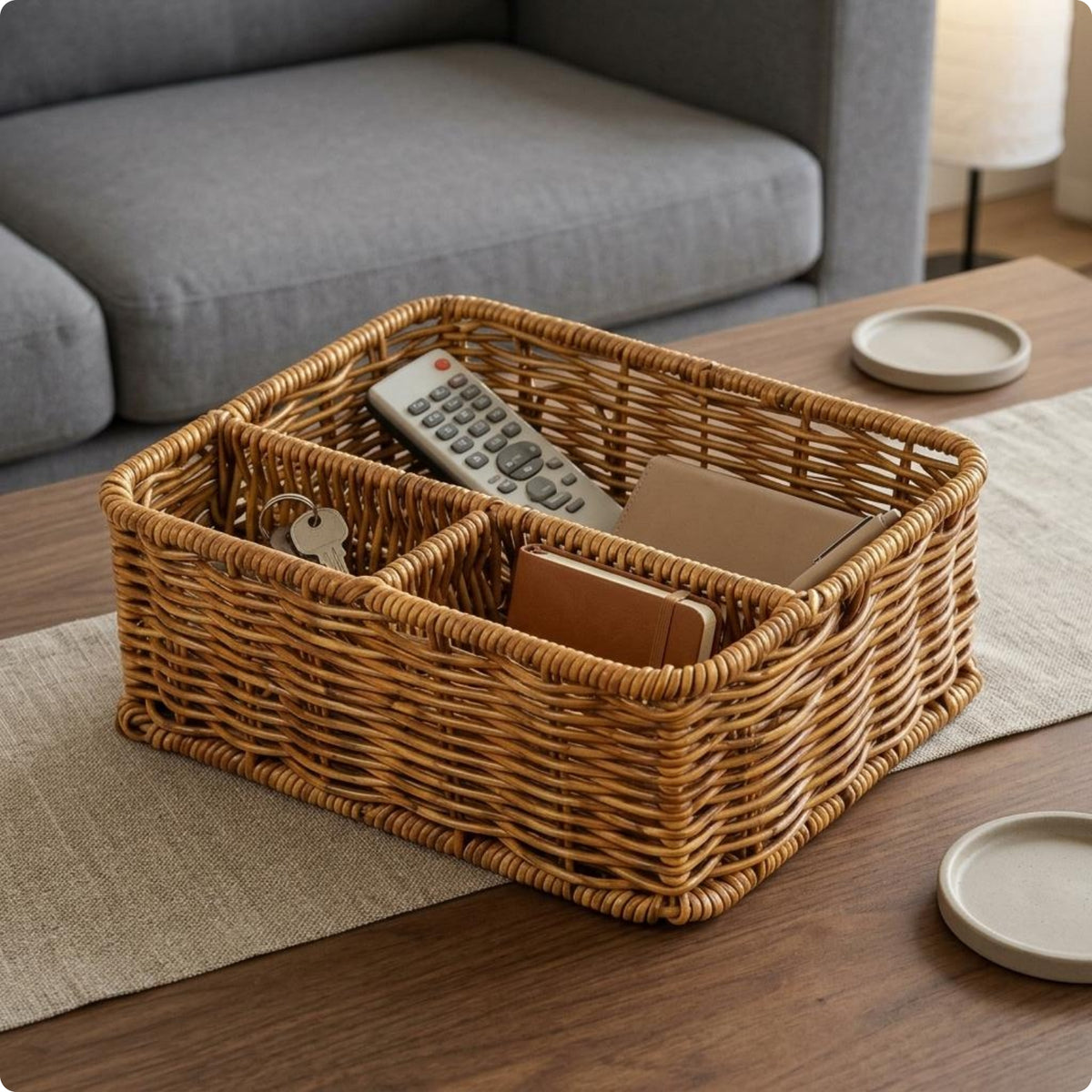 Three-Section Basket Sturdy Desk Organizer Handwoven
