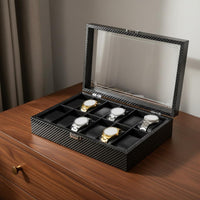 Carbon Fiber Watch Box Clear View Lid Watch Collection Organizer Men's Jewelry Organizer Secure Metal Clasp