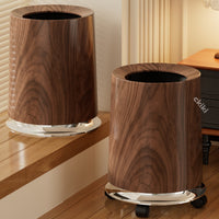Walnut Wood Grain Trash Can with Wheels, 12L, ABS