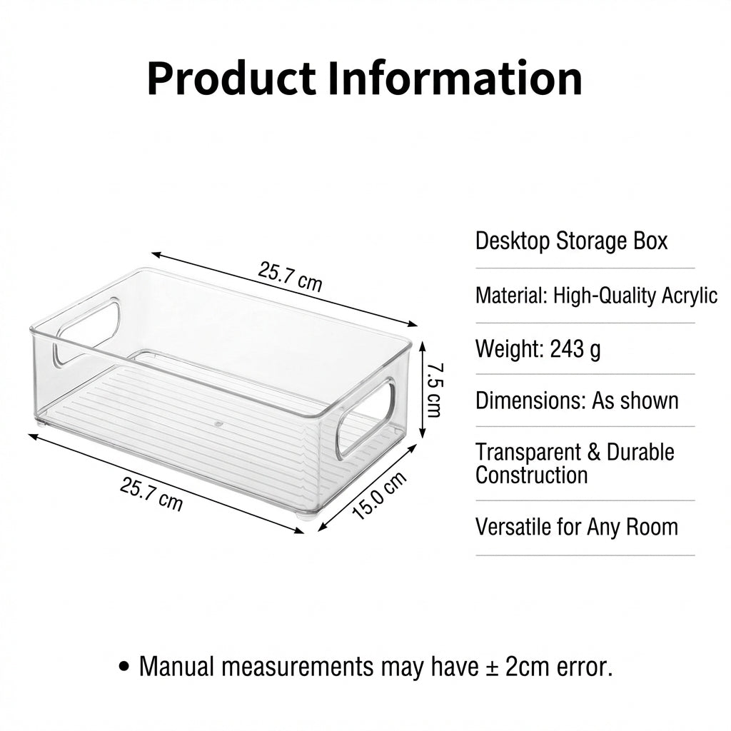 Desktop Organizer Box with Handle, Clear Acrylic Stackable Storage Bin, Large Capacity for Dorm Room, Snack for Students