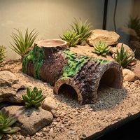 Resin Bark Texture Tortoise Water Bowl and Land Reptile Hide, Small Pet Hideout for Geckos and Reptiles, Brown Tree Bark Vivarium Decor Piece