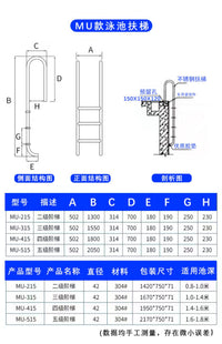 304 Stainless Steel Pool Entry Ladder with Handrails, MU Style, Embedded
