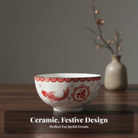 Ceramic Bowl, Red Festive Tableware, Blessing Design, Wedding, Housewarming