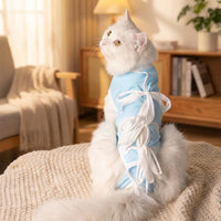 Cat Recovery Suit with Ties, Breathable Anti-Licking Cat Suit for Post Surgery Cat Clothes, Crew Neck Sleeveless Spay Neuter General Use, Blue