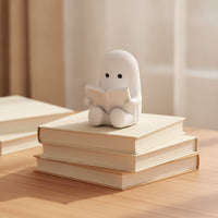 Bookish Ghost Statue with Book Cute Reading Book Ghost Figurine Adorable Halloween Table Decor Minimalist for Readers, Bookshelf, Desk