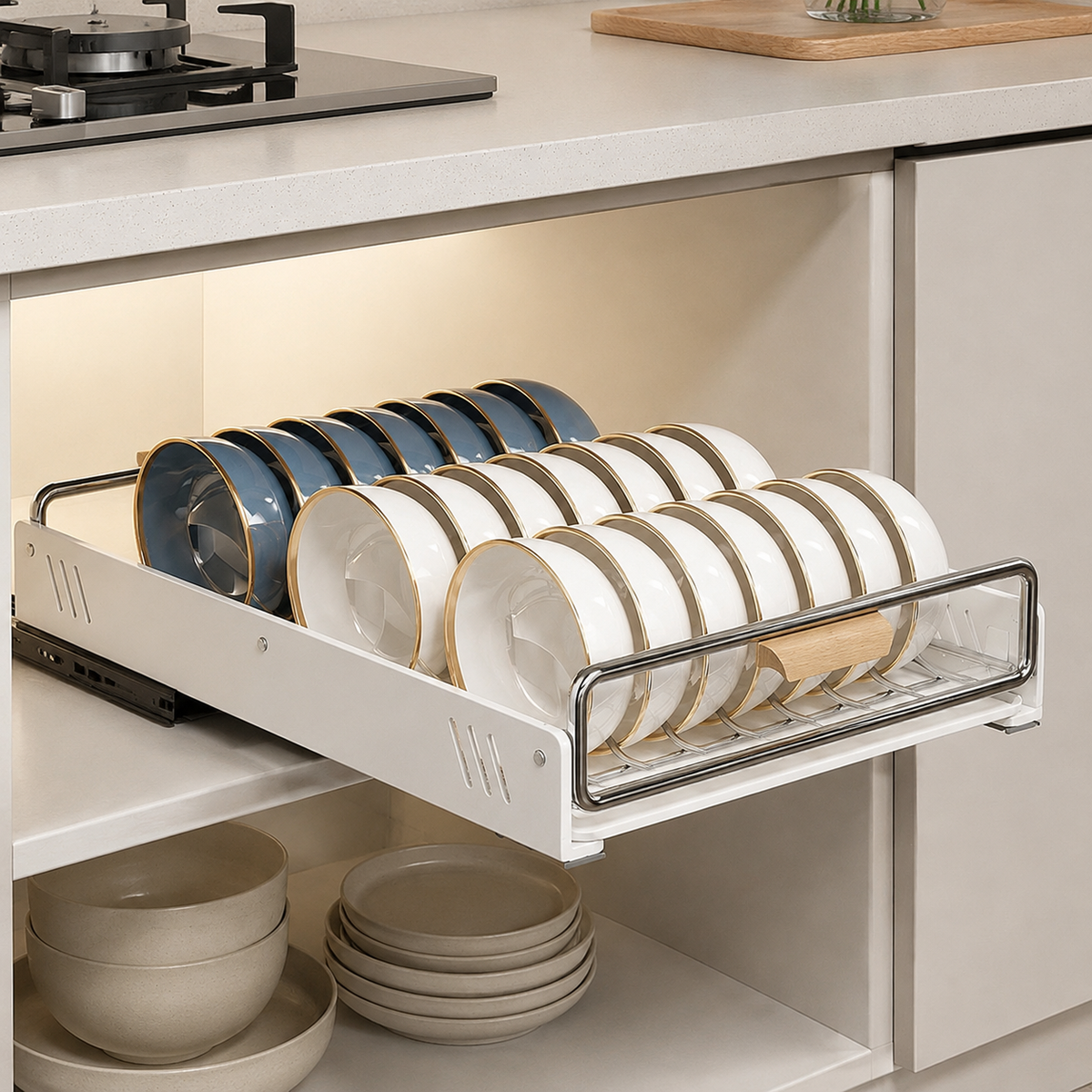 Cabinet Dish Rack, Stainless Steel Rack 42x30x9cm, Telescopic Movable Dish Rack with Drip Tray, Pull Out Drainer for Organised Kitchen