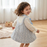 Baby Girl Mock Two-Piece Dress Fleece Lined Long Sleeve Toddler Party Outfit Ruffle Collar Tweed Princess Dresses with Blue Bow for Easter Spring Autumn