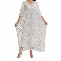 Sequins Beaded Kaftan Glittering Sequins Glitter Mesh Overlay Dress Draping Silhouette Embellished Maxi Dress for Evening Event, Party
