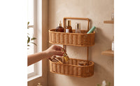 Tiered Wall Hanging Storage Basket Oval 2-Tier Wall Basket Handwoven Wicker Organizer Rustic for Bathroom, Kitchen, Vanity