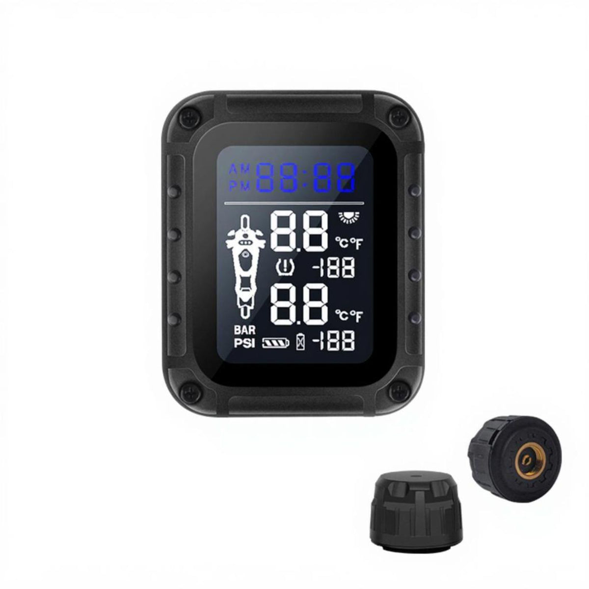 Motorcycle Tire Pressure tracking System, cordless TPMS, live LCD display, waterproof, temperature alarm, compatible with multiple design S of S designs.