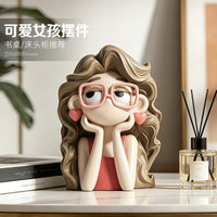Glasses Girl Decorative Figurine for Desk, Nightstand, Office