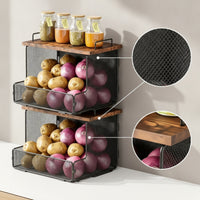 Wall-Mounted Kitchen Storage Rack Sturdy Mesh Wire Fruit Basket Shelf with Wooden Top Functional for Pantry