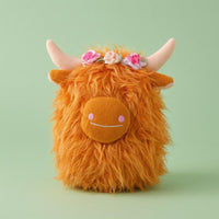 Orange Shaggy Stuffed Cow Faux Fiber Highland Cow Stuffed Farm Animal Plushie Embroidered Floral