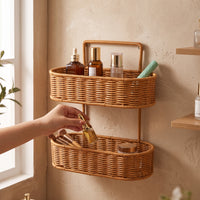 Tiered Wall Hanging Storage Basket Oval 2-Tier Wall Basket Handwoven Wicker Organizer Rustic for Bathroom, Kitchen, Vanity
