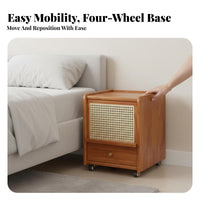 Rattan Nightstand Mobile with Wheels Rolling Rattan-Front Cabinet Narrow Design Sturdy Wood Legs for Renters, Homeowners