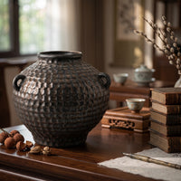 Ceramic Vase with Handles Vintage Hammered Ceramic Vase Artisanal Vessel for Entryway Table