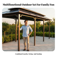 Gazebo with Swing Solid Roof Gazebo with Seating Multi-Functional Design Garden Swing Canopy for Families, Homeowners, Backyard, Patio, Deck