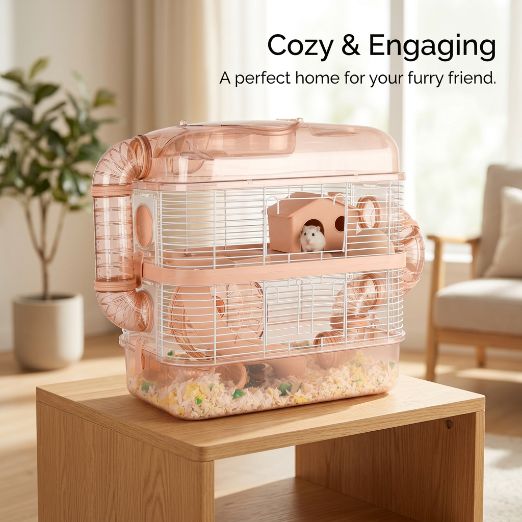Multi-Level Hamster Cage with Tubes, Acrylic Transparent Viewing Top, Modular Hamster Habitat for Enrichment, Silent Running Wheel