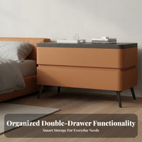 Sintered Stone Top Nightstand Solid Wood Construction Modern Nightstand with Drawers Scratch Resistant Leather Wrapped Bedside Table for Adults, Hotel