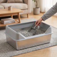 Stainless Steel Cat Waste Receptacle with High Fence, Top-Entry Toilet and Litter Tray, Large Enclosed Litter Pan with Step for Easy Maintenance