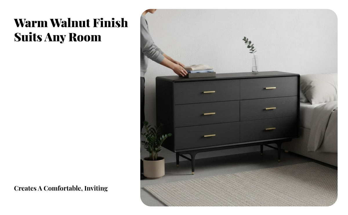 utilitarian aesthetic 6-Drawer chest of drawers Walnut Finish Chest of Drawers Minimalist Design Side Cabinet Sturdy Construction for Adults, Homeowners, Bedroom, Living Room, Hallway