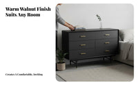 utilitarian aesthetic 6-Drawer chest of drawers Walnut Finish Chest of Drawers Minimalist Design Side Cabinet Sturdy Construction for Adults, Homeowners, Bedroom, Living Room, Hallway