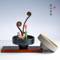 高脚小花器禅意中式日式插花器皿茶席复古陶瓷桌面摆件剑山插花器