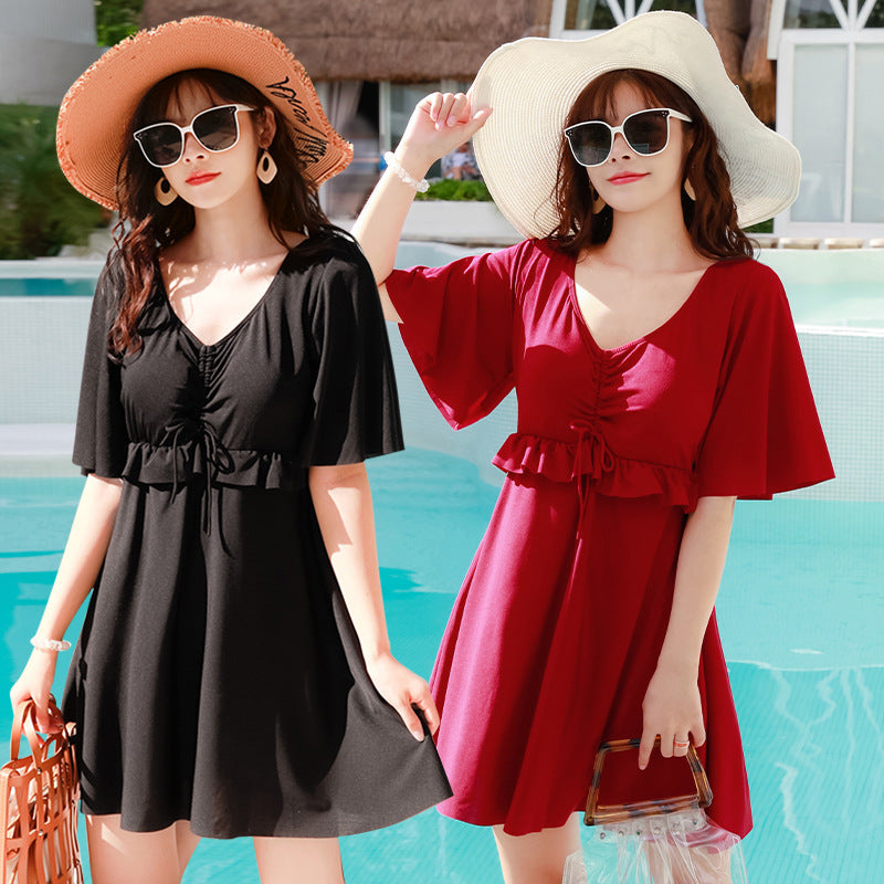 Women's One-Piece Swimwear with Skirt, Short Sleeves, Plus Size