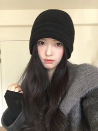 秋冬女100羊毛韩系百搭褶皱堆堆帽男女卷檐包头冷帽子无檐针织帽