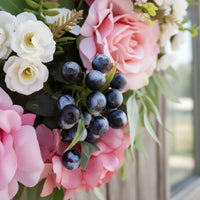 flower wreath Pink Rose and Blueberry Wreath Flower Garland for Wall Decor, Farmhouse, Wedding