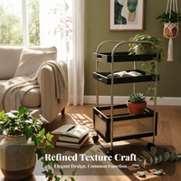 2-Tier Rolling Table Rattan Weave Accent 2-Tier Rolling Organizer Mobile Design Wood Top for Apartment Dwellers, Students