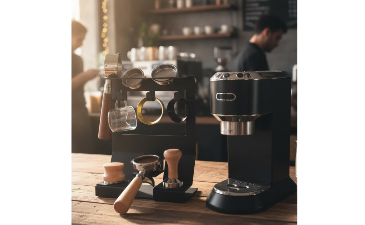 Multi-Hook Countertop Coffee Tool Organizer with Hooks Space-Saving Espresso Accessory Stand with Base Compact Espresso Tamping Station Sturdy for Baristas, Cafes