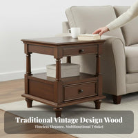 Hardwood Wood double-level Square Stand USA-inspired Country design Side Table Walnut Color Household Furniture Multipurpose Use for Apartment Dwellers, Interior Decorators, Living Room, Bedroom, Entryway, Office