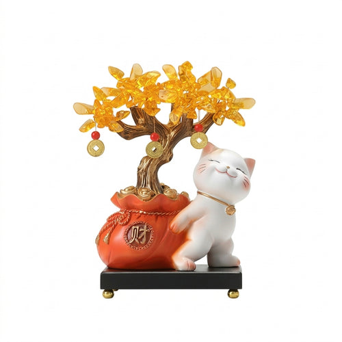 Auspicious Cat with Fortune Tree Chinese Style Auspicious Cat Ornament