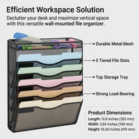 6 Tier File Organizer Wall Mounted, Metal Mesh Magazine Rack for Office, Document Holder for Students, Workspace Organization Sorter
