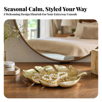 Gilded Foliage-Shaped Tray with Stem | Embossed Vein Detailing, Leaf Tray, for Vanity