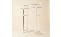 Telescoping Double Rod Garment Rack Space-Saving Rolling Clothes Rack with Shelf Easy Mobility Sturdy for Laundry Room