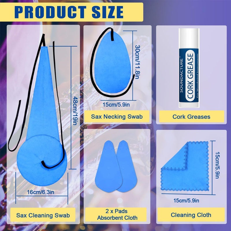 Saxophone Cleaning Kit with Polishing Cloth, Mouthpiece Cushion, Thumb Rest, Strap, and Brush